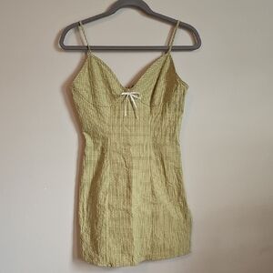 Green Smocked Mini Dress with Spaghetti Straps And Bow